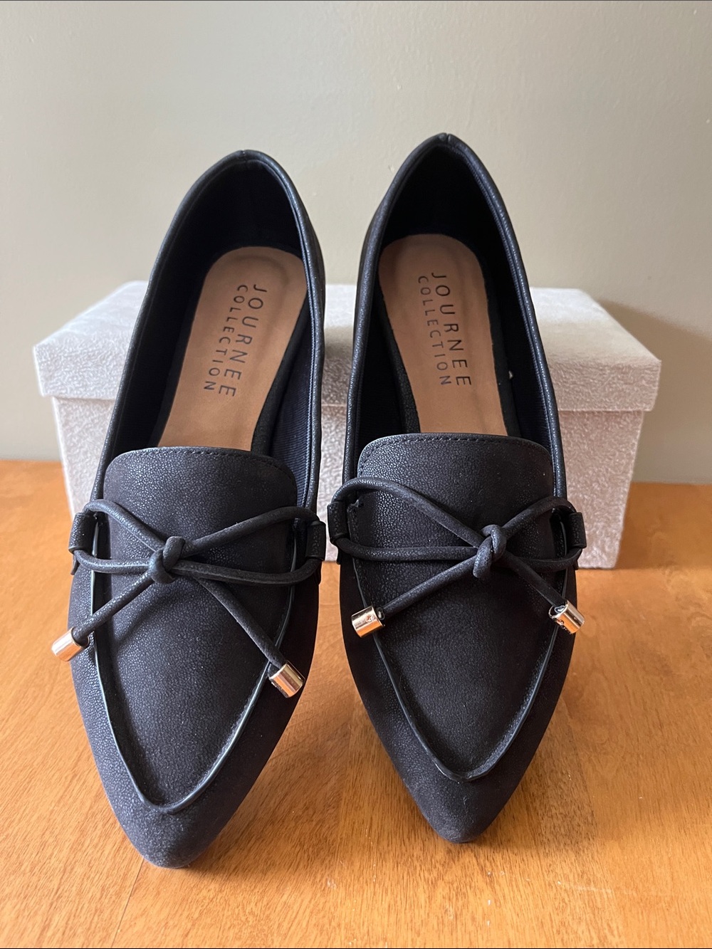 Journee Collection Black Pointed Toe Knot-Accent Loafers